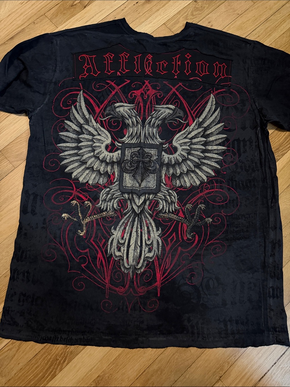 Vintage Affliction Black Tee with Red and Gray Eagle Crest
